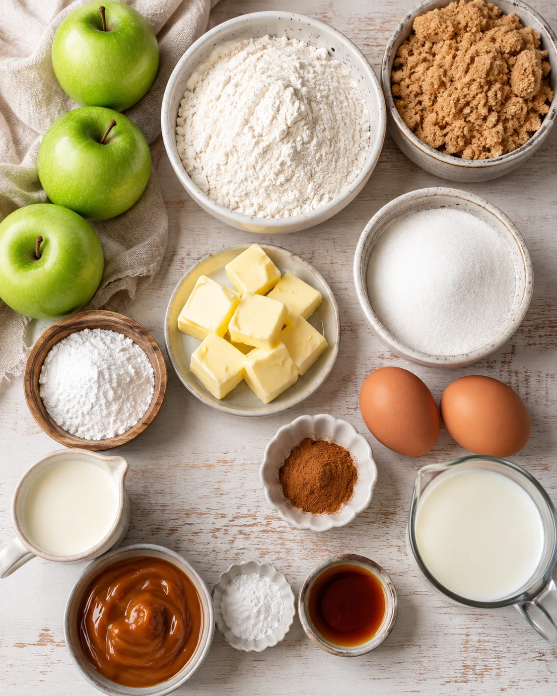 Fresh green apples, flour, butter, sugar, eggs, and spices for caramel apple cake.