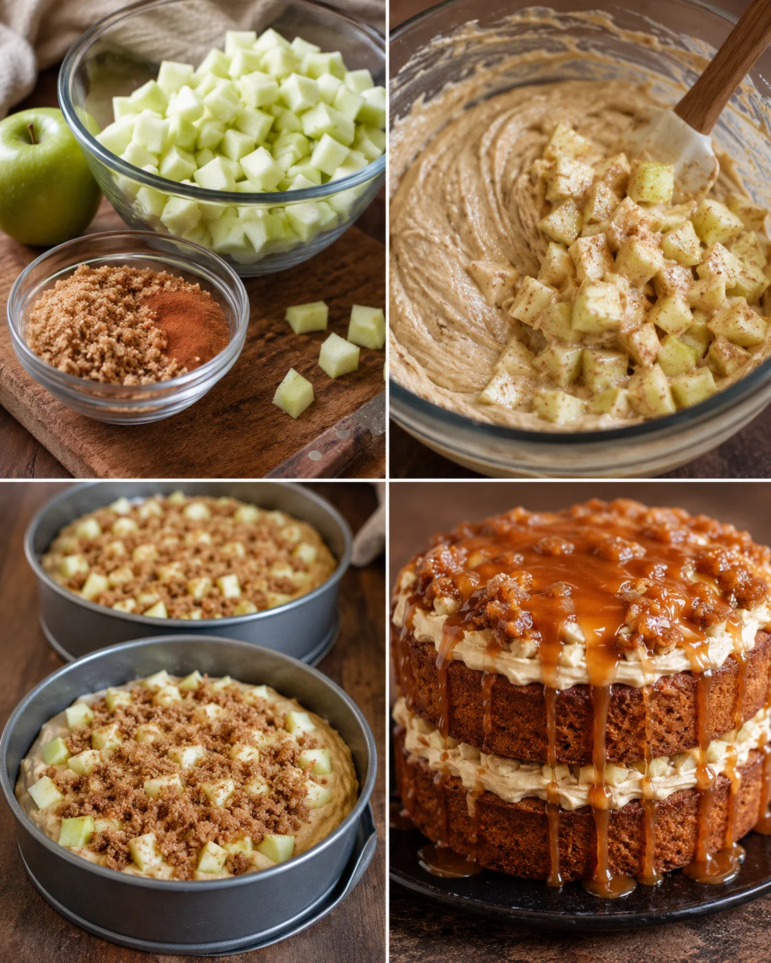 Step-by-step images showing apples, batter, layered cake, and caramel drizzles.