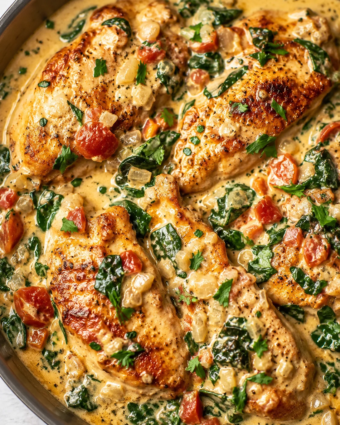 Juicy chicken breasts in a rich garlic spinach tomato cream sauce