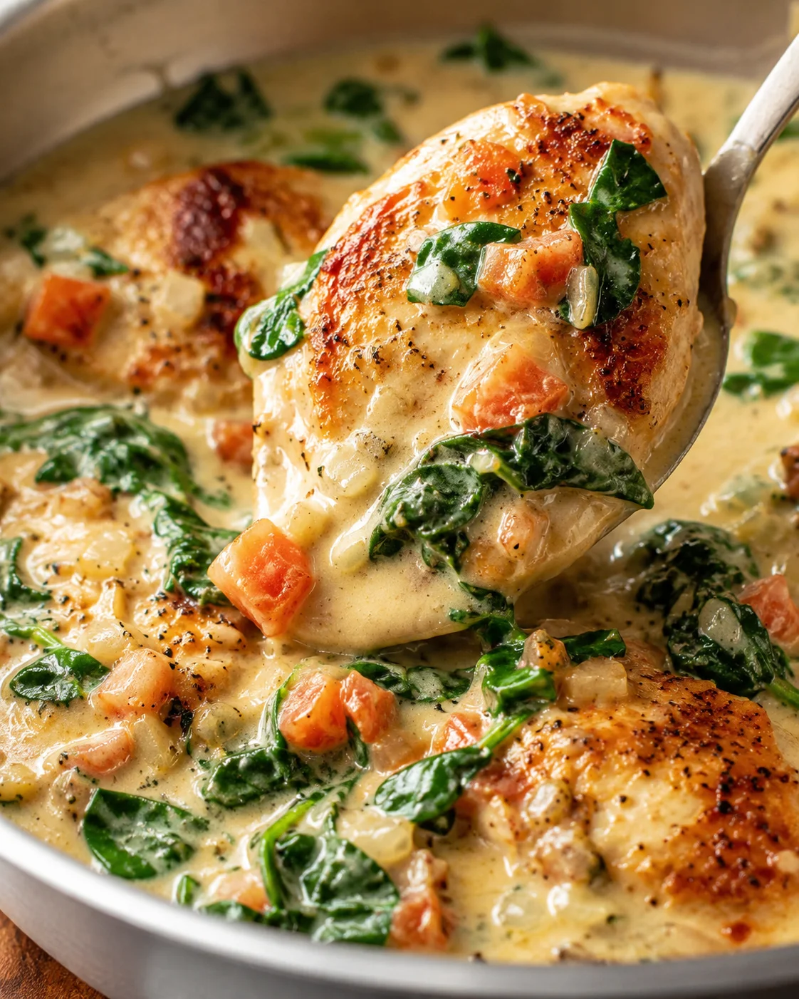 Juicy chicken breasts in a rich creamy garlic spinach tomato sauce.
