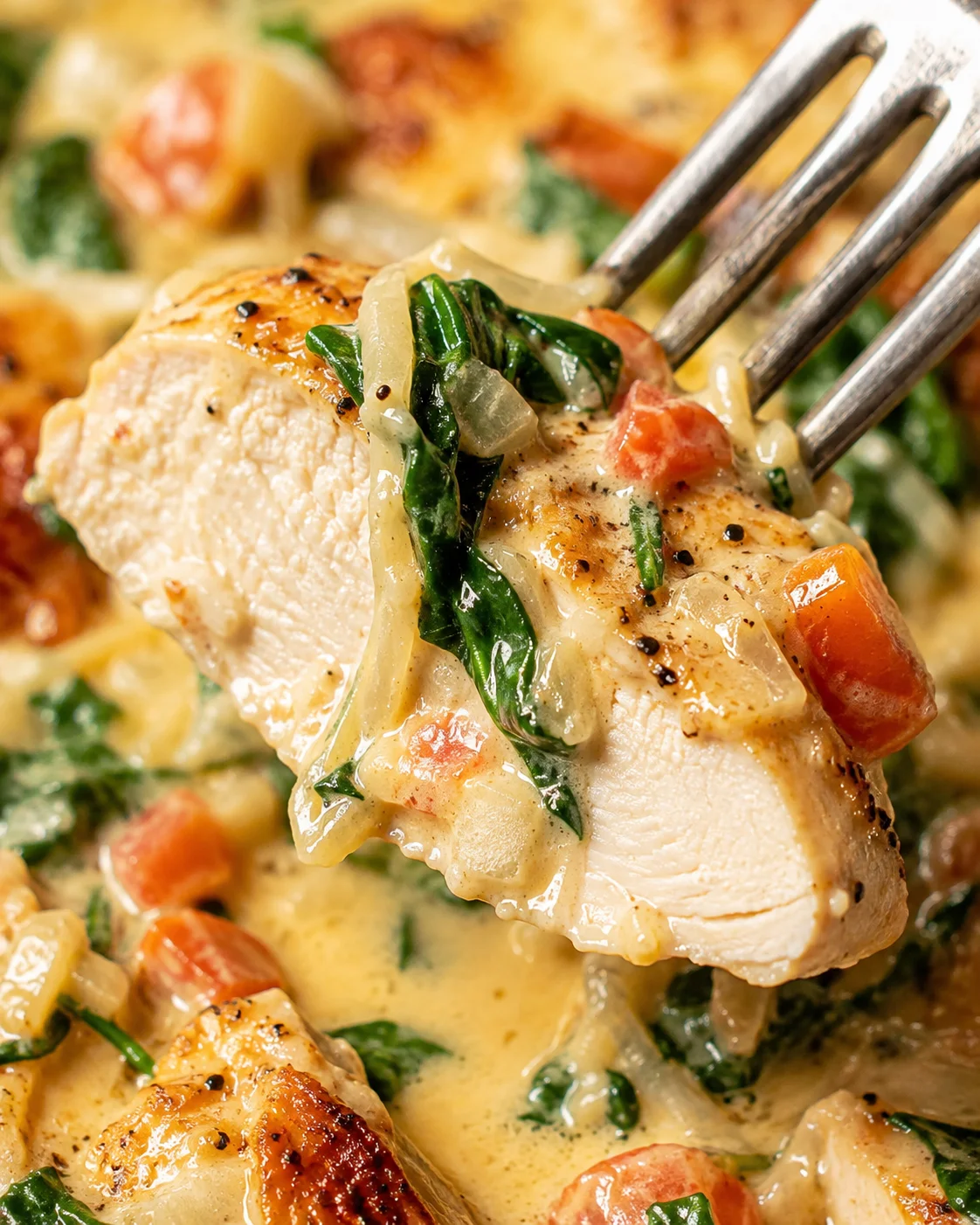 Juicy chicken in a creamy garlic sauce with spinach and tomatoes