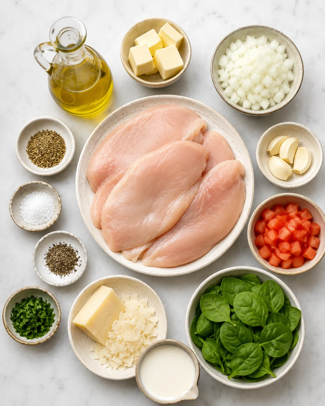 Raw chicken breasts with garlic, spinach, diced tomatoes, and seasonings in bowls