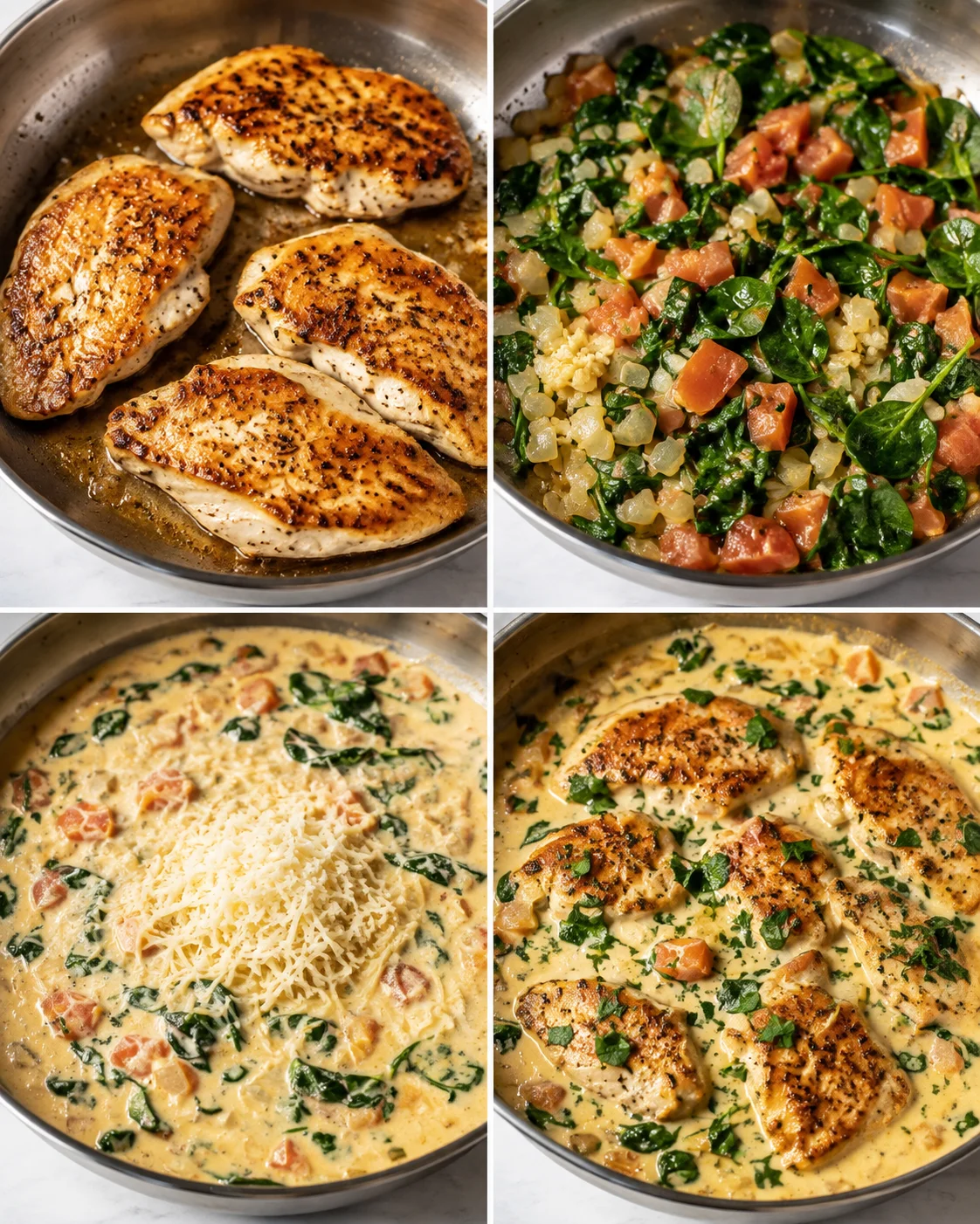 Juicy, golden-brown chicken breasts cooking in a skillet with creamy sauce and fresh greens