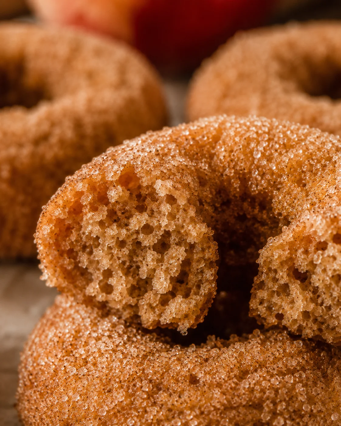 Close-up of freshly baked, cinnamon-sugar coated apple cider donuts with a soft, airy interior