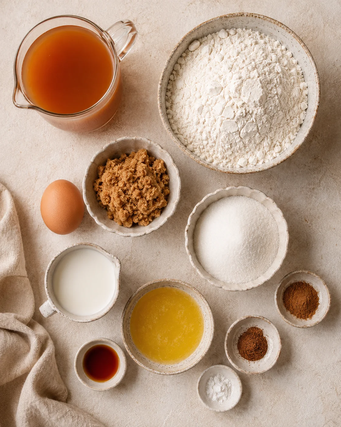 Ingredients for gluten-free baked apple cider donuts on a neutral background.