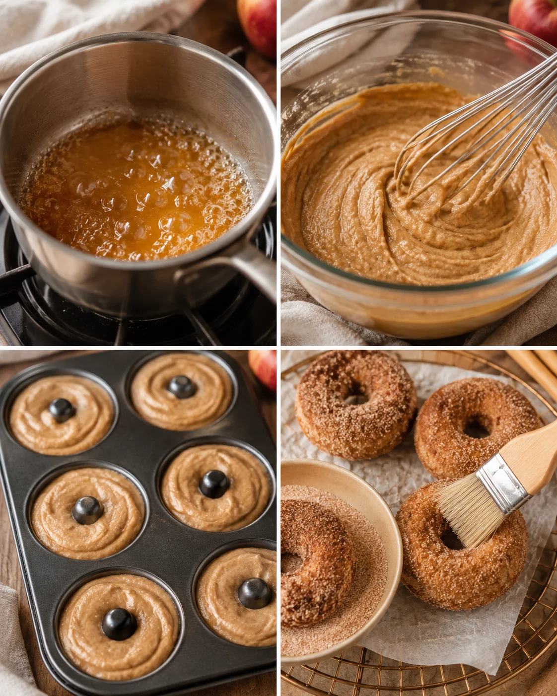 Delicious baked apple cider donuts with cinnamon sugar topping on a cooling rack.