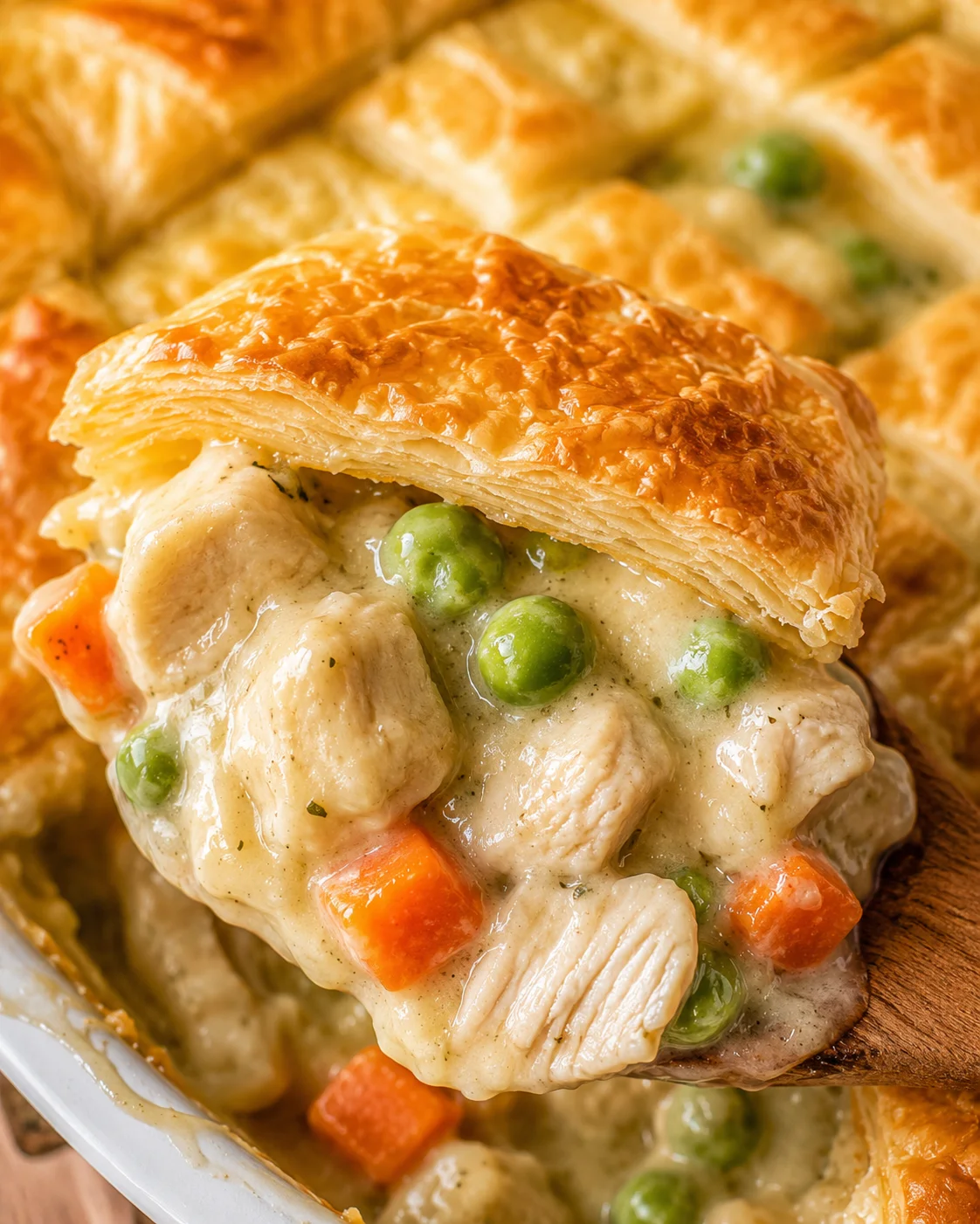Creamy chicken pot pie filling with vegetables and puff pastry topping in a casserole dish