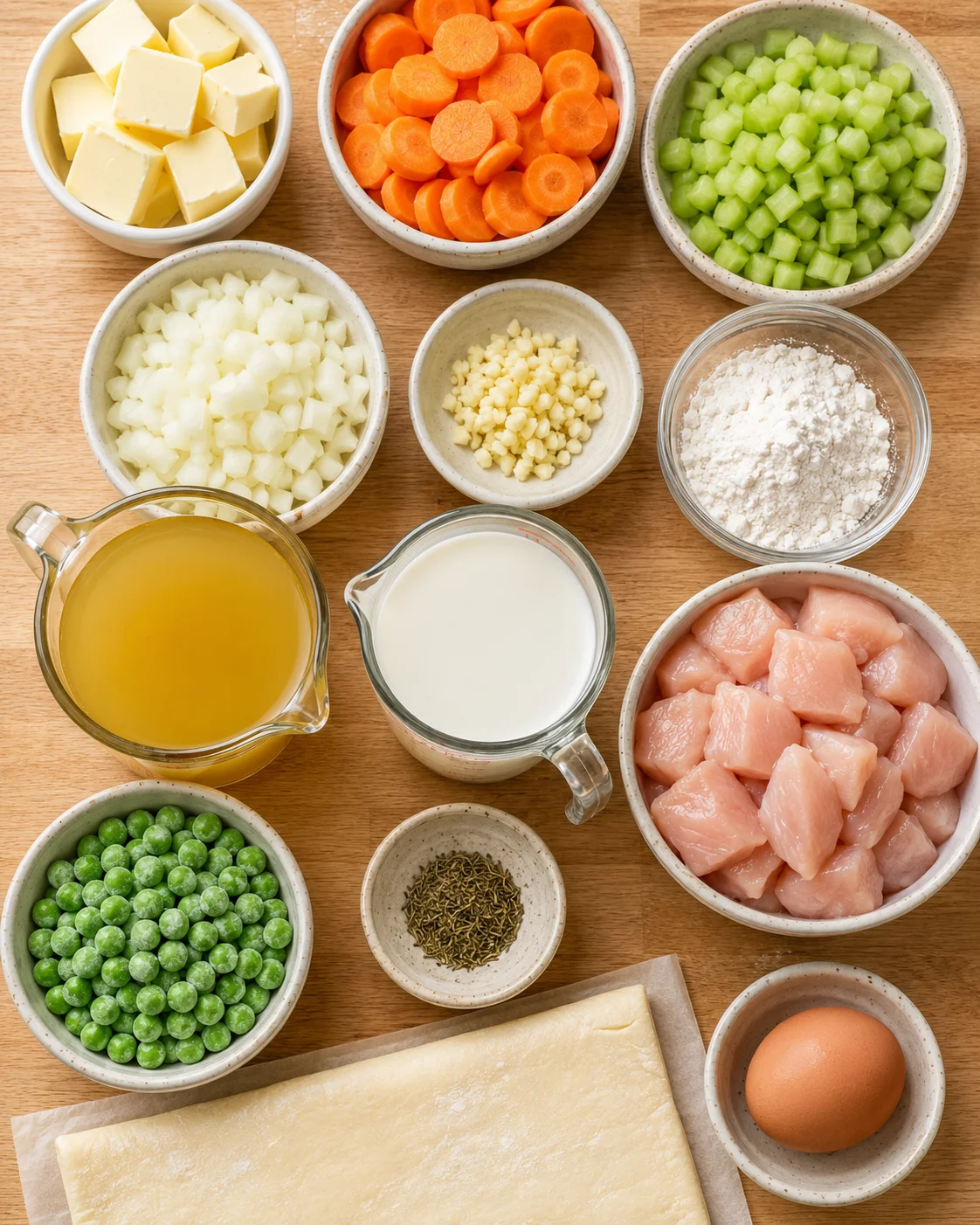Assorted fresh vegetables, chicken, and pastry ingredients for casserole dish
