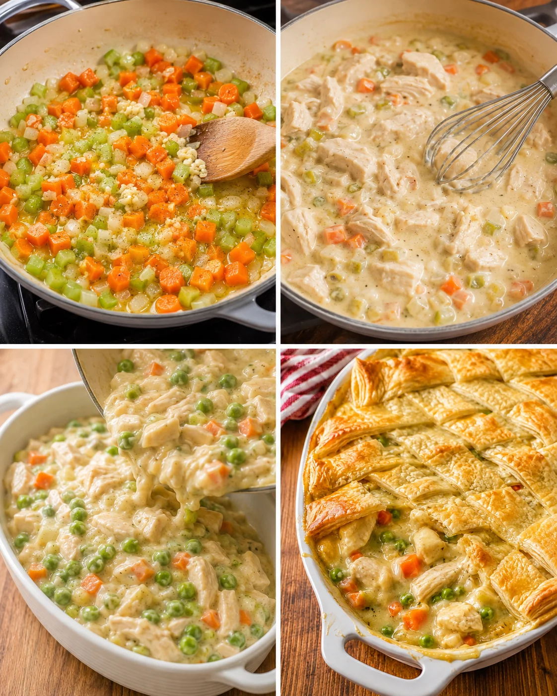 Creamy chicken pot pie casserole topped with puff pastry lattice and fresh vegetables.