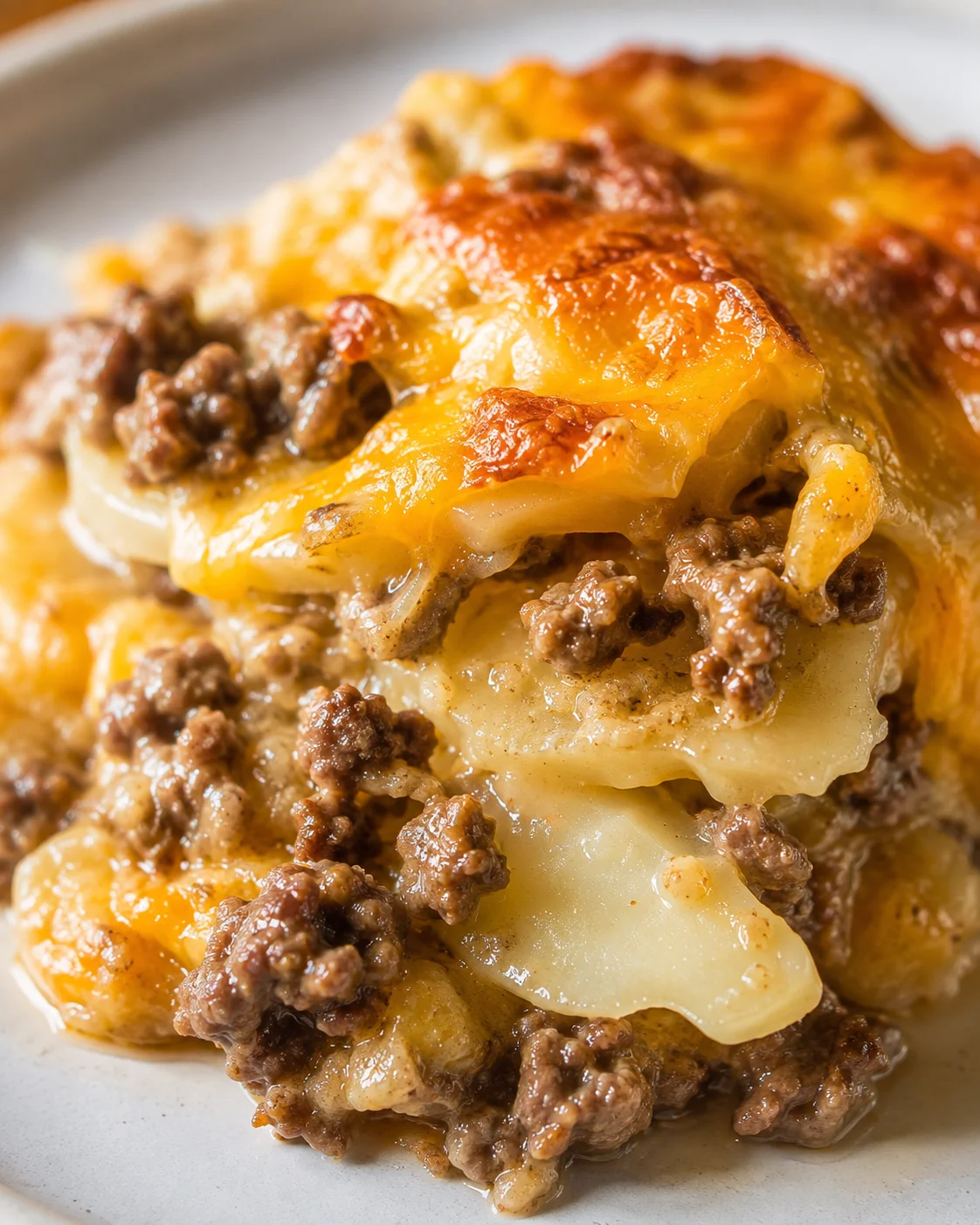 Delicious cheesy hamburger potato casserole with ground beef and melted cheese.