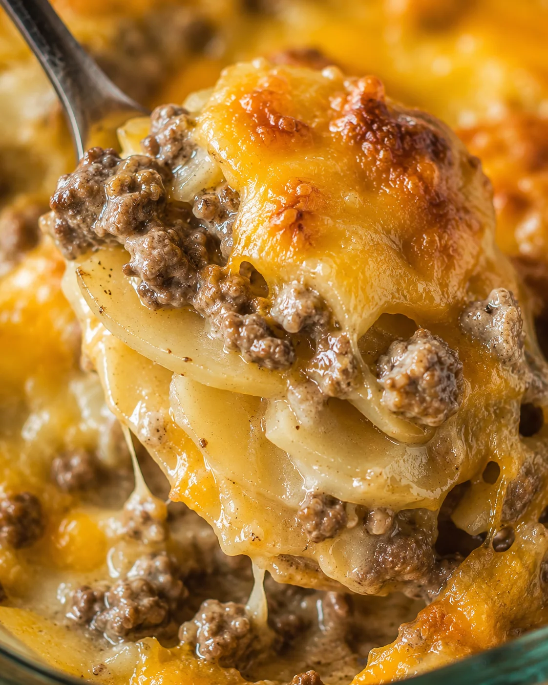 Close-up of cheesy hamburger potato casserole with browned ground beef and melted cheese