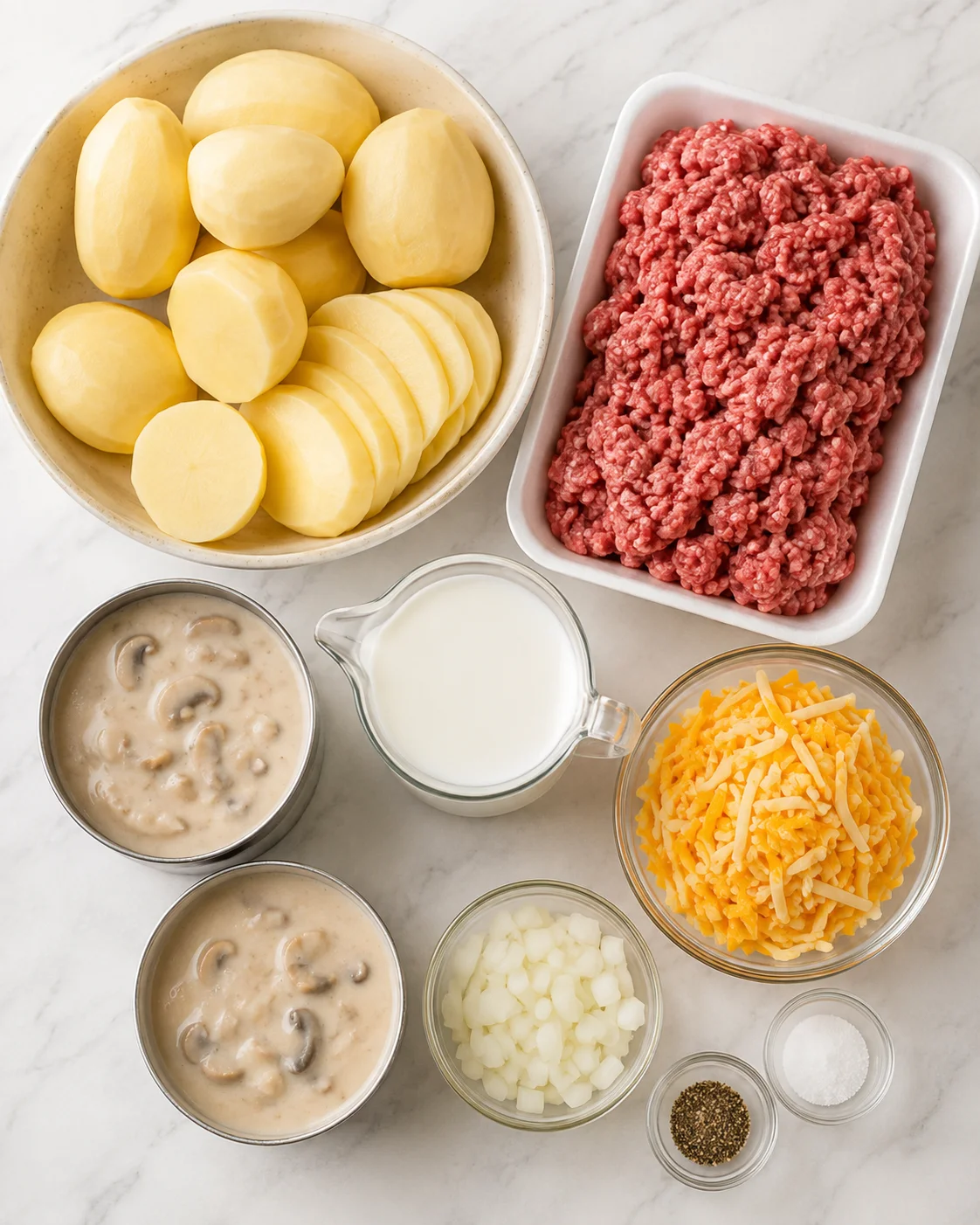 Ingredients for hamburger potato casserole including potatoes, ground beef, and cheese arranged on a marble surface.