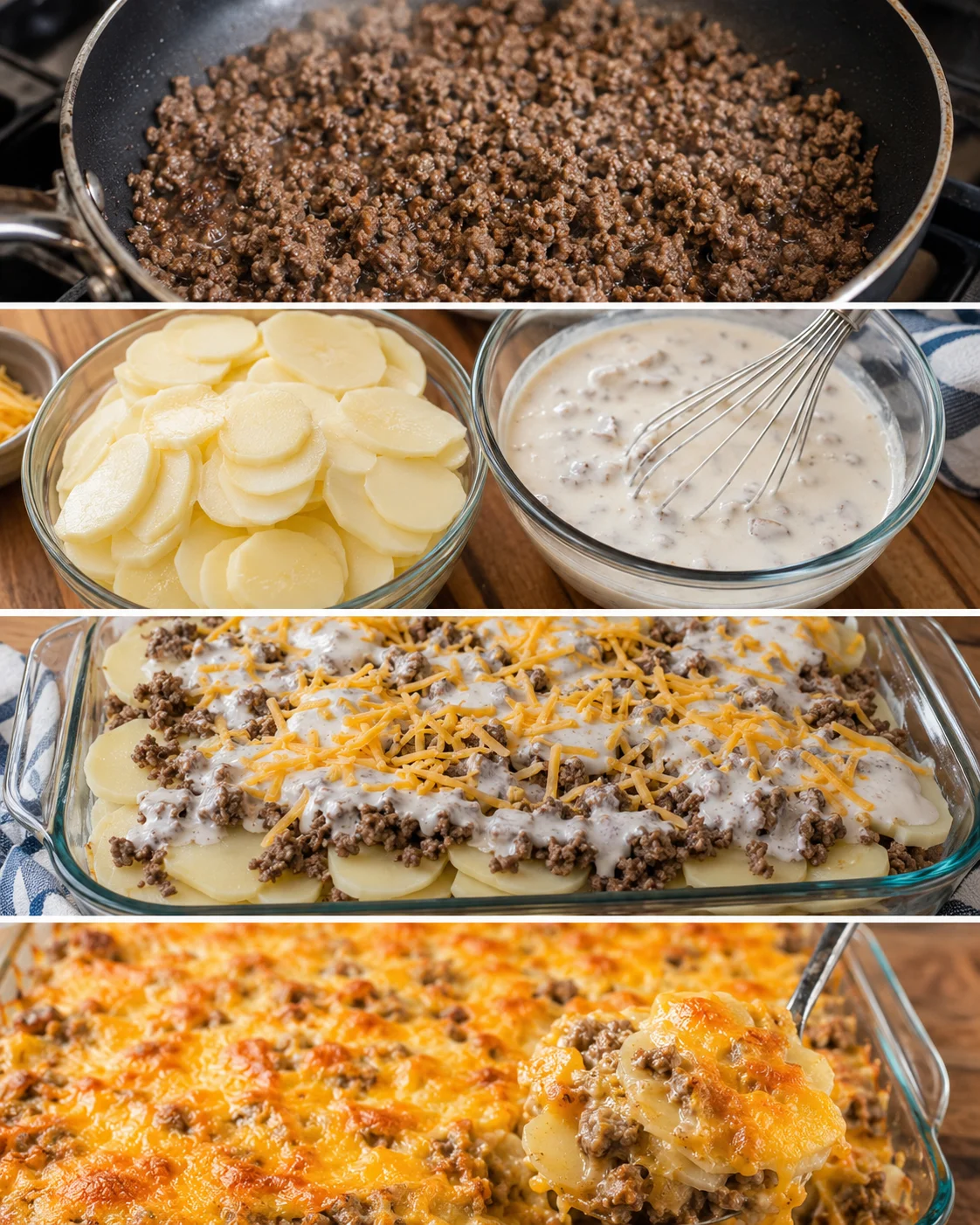 Layers of cooked ground beef, potatoes, cheese, and creamy sauce in a baking dish.