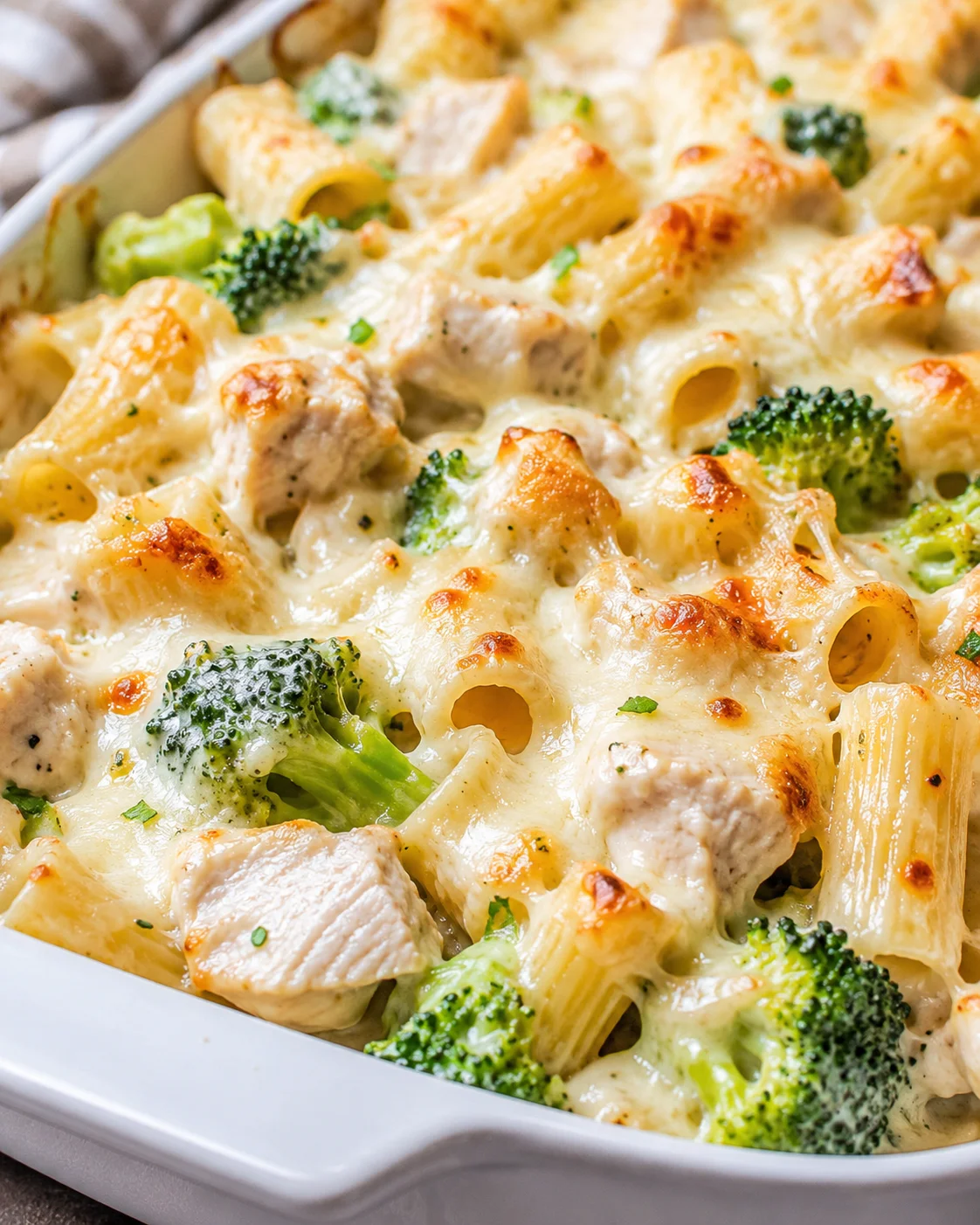 Close-up of a cheesy, baked chicken broccoli Alfredo casserole with pasta and melted cheese