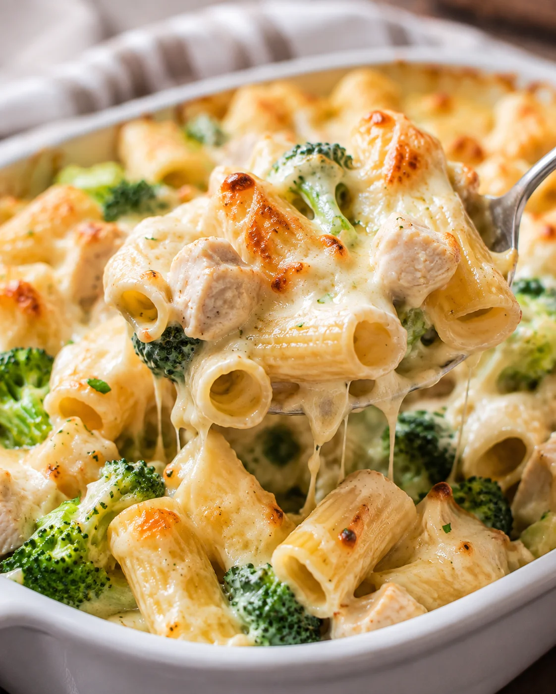 Creamy baked pasta with chicken, broccoli, and melted cheese in a casserole dish