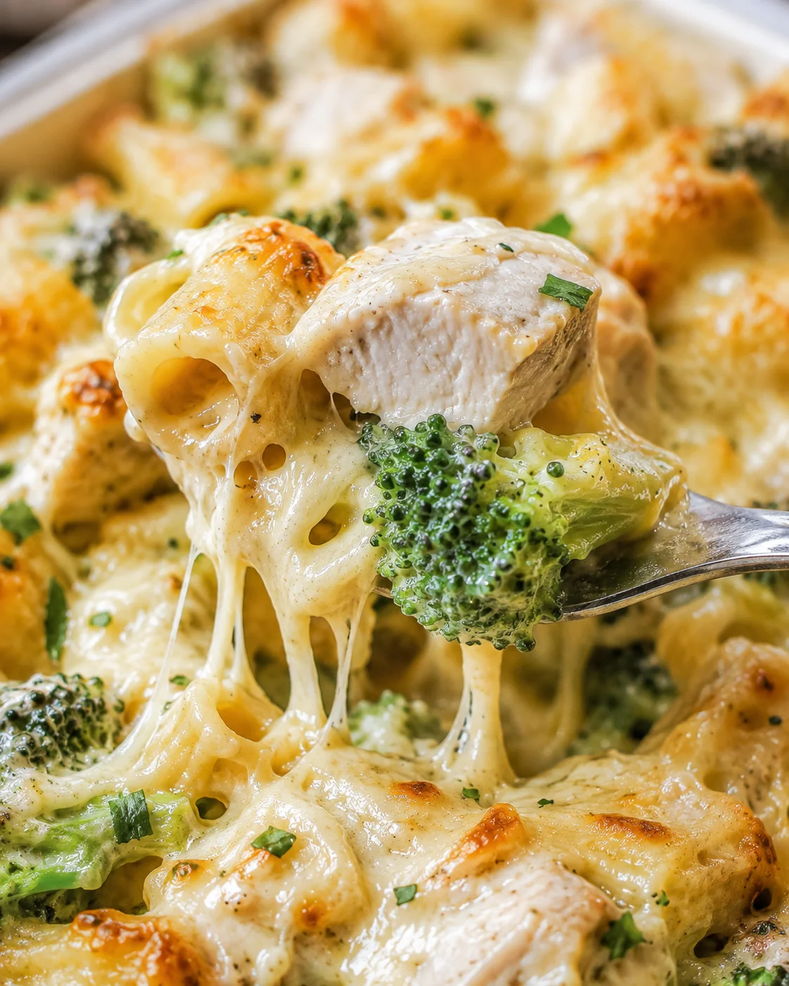 Creamy baked chicken broccoli Alfredo with melted cheese and tender pasta