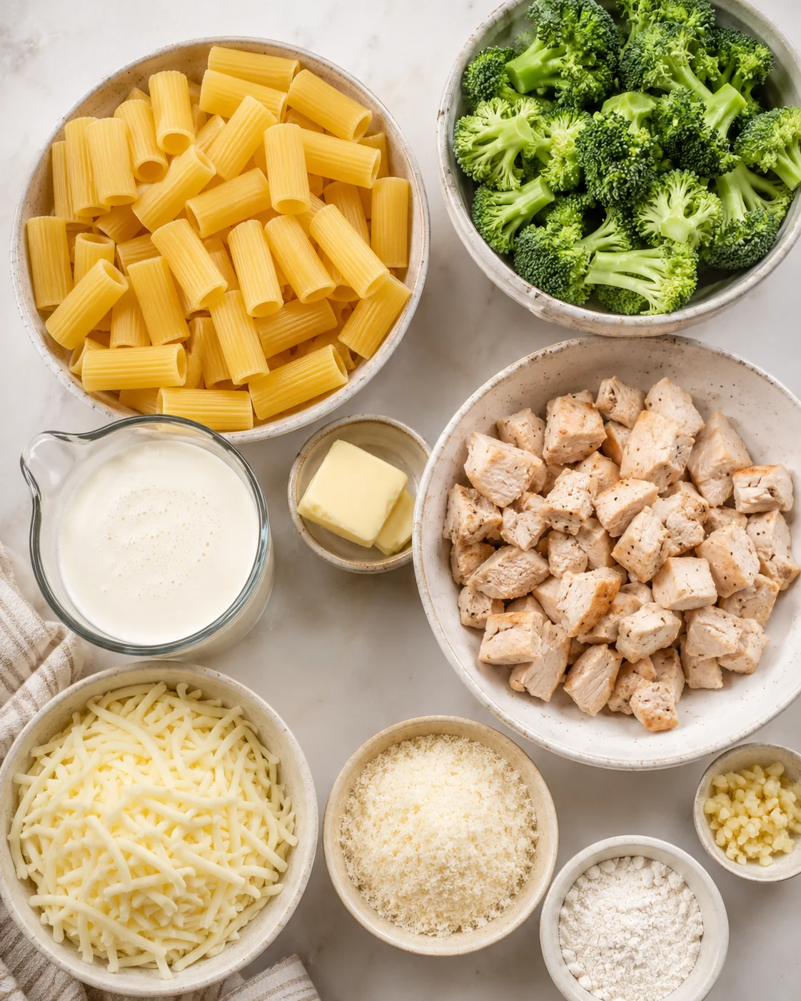 Ingredients for chicken broccoli alfredo bake including pasta, broccoli, chicken, and cheese.