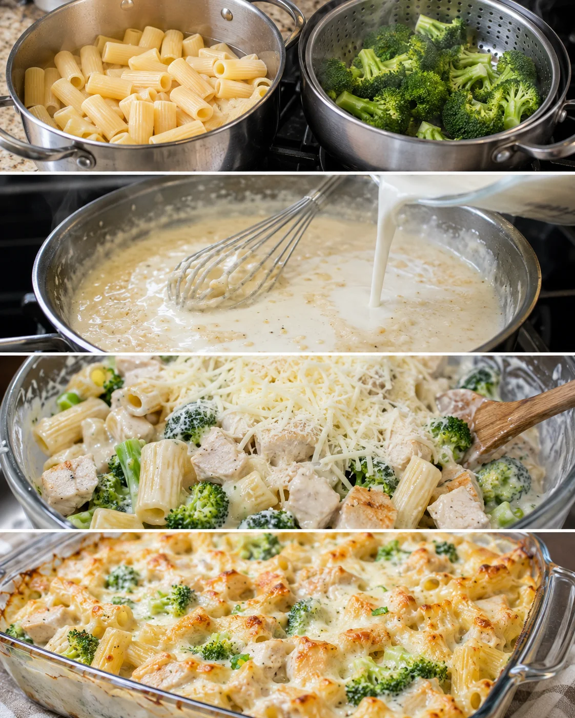 All-in-one creamy chicken broccoli alfredo bake with cheese and pasta