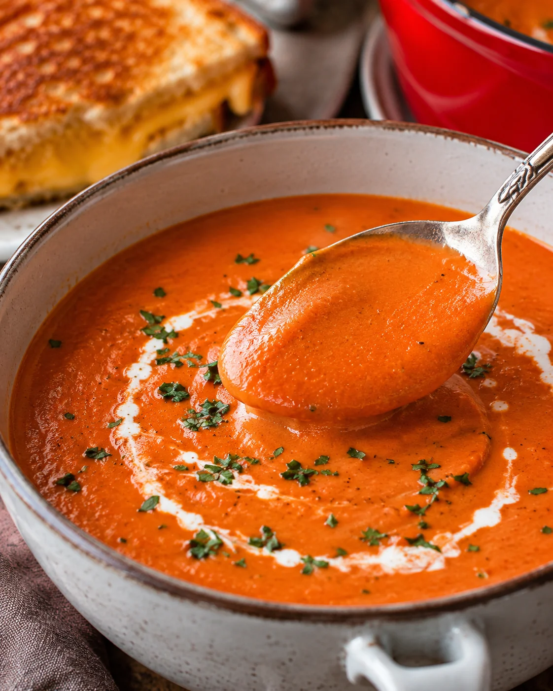 A bowl of creamy tomato bisque garnished with herbs, served with grilled cheese.