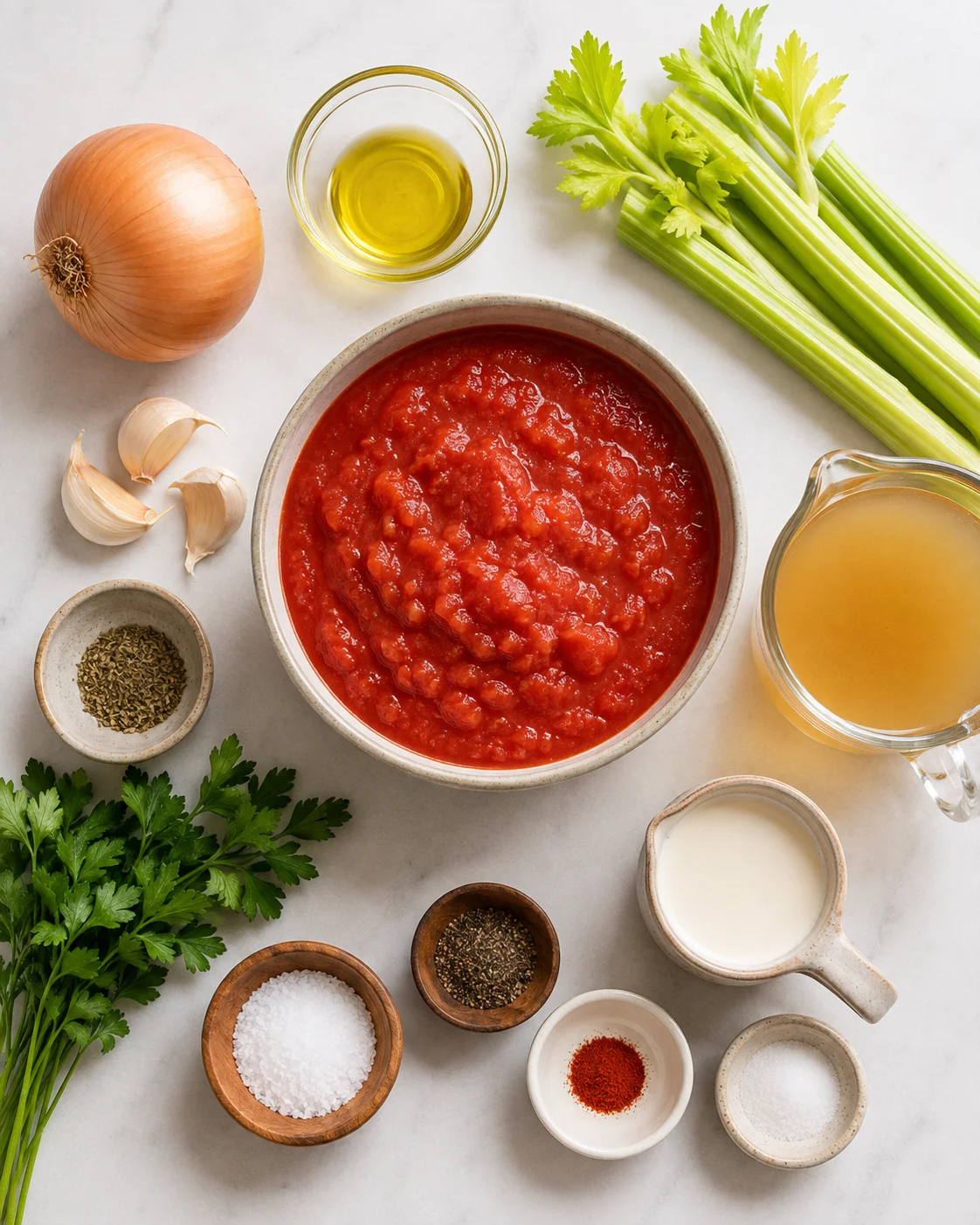 A bowl of vibrant tomato bisque surrounded by fresh ingredients and herbs.
