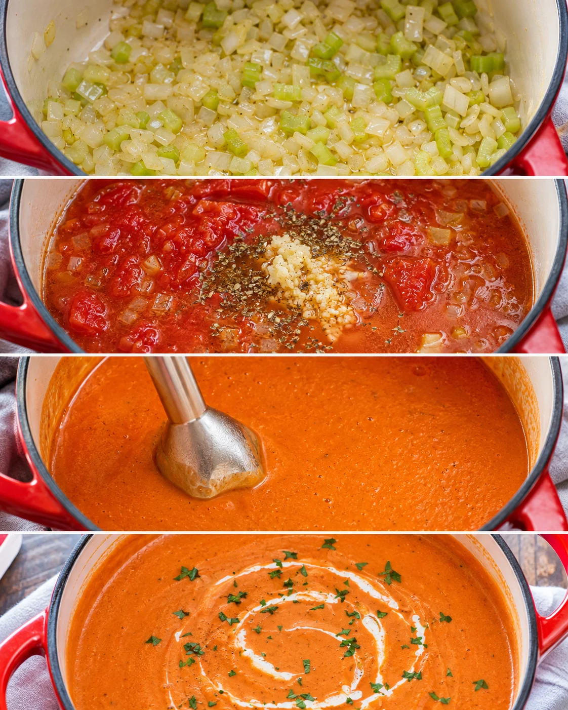 Step-by-step images showing sautéed vegetables, tomato base, blended soup, garnished with herbs.