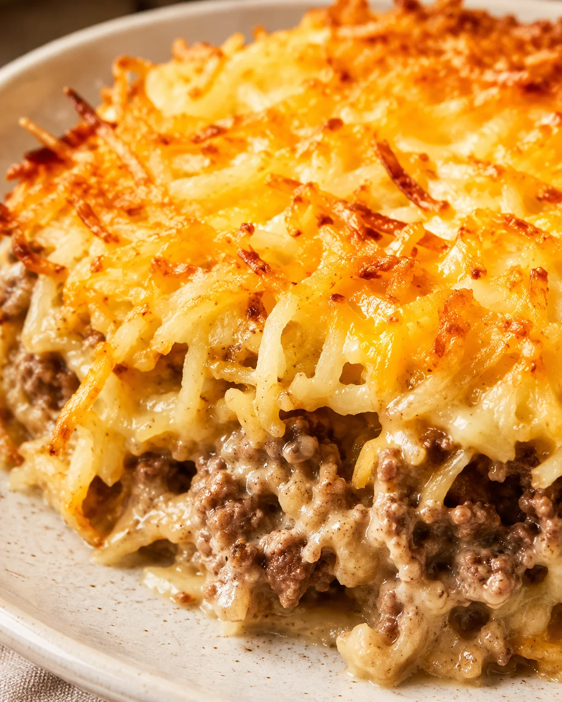 Cheesy and comforting hamburger hashbrown casserole topped with golden potatoes.