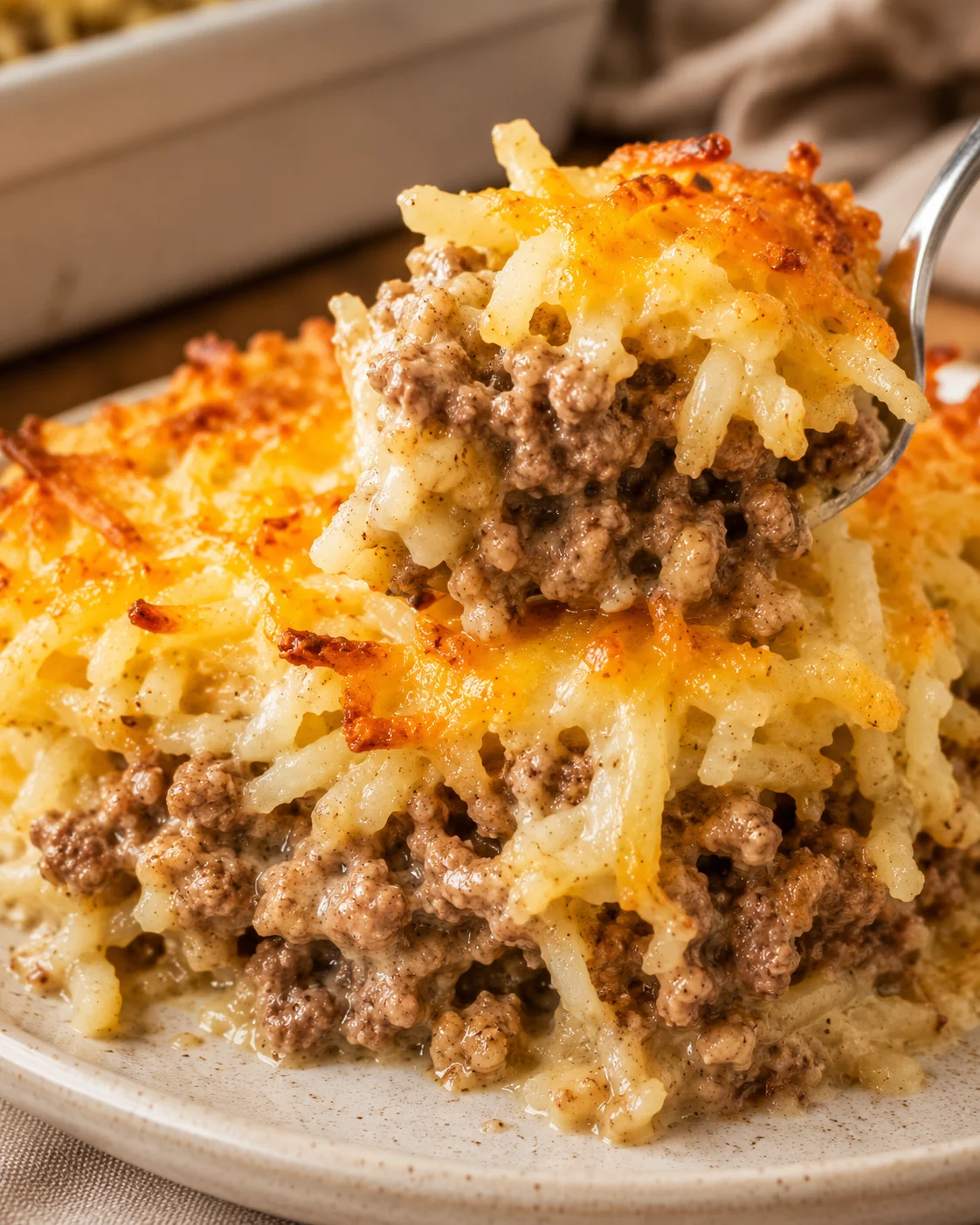 Close-up of cheesy hamburger hashbrown casserole with a spoonful served on a plate.