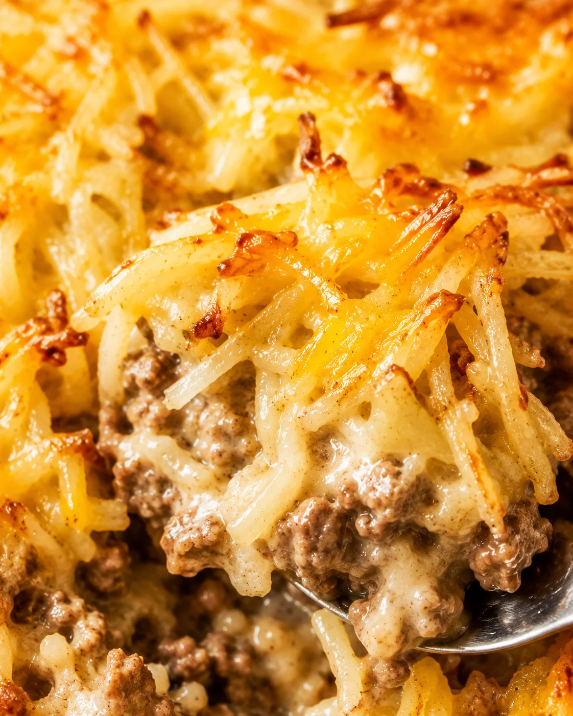 Close-up of cheesy hamburger hashbrown casserole with golden melted cheese and beef