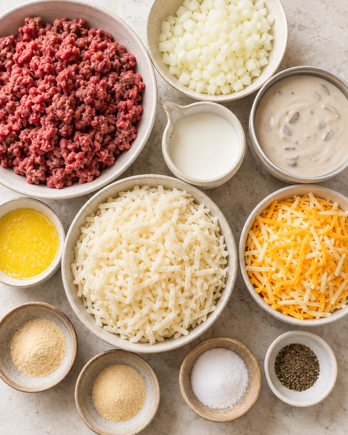 Ingredients for hamburger hashbrown casserole including ground beef, hashbrowns, and cheeses
