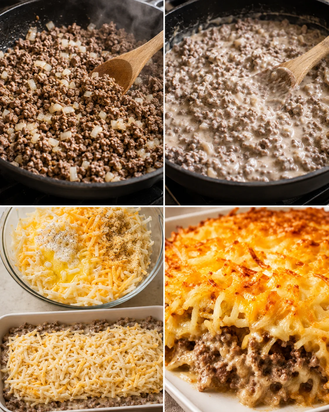 Cheesy hamburger hashbrown casserole with ground beef, hashbrowns, and melted cheese.