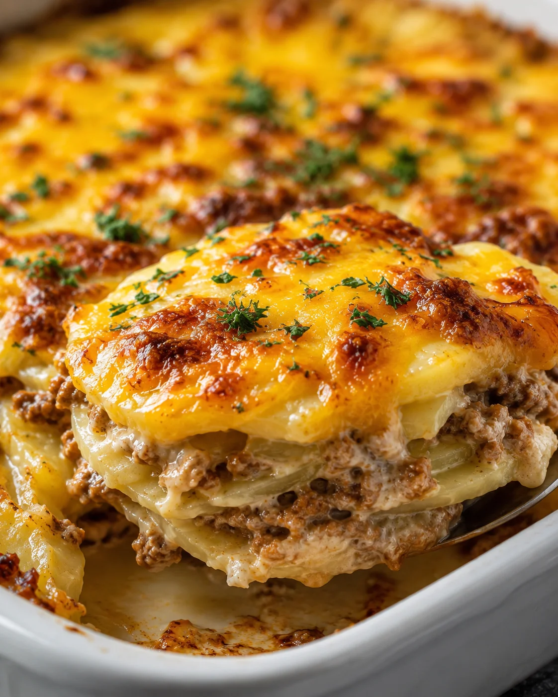 Warm, cheesy casserole with potatoes, ground beef, and melted cheese fresh from the oven.