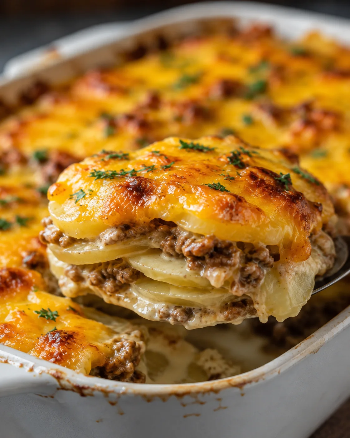 Delicious baked casserole with melted cheese, potatoes, and ground beef, ready to serve.