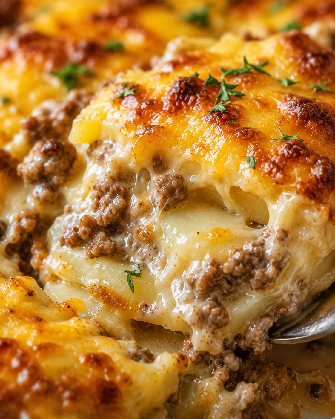 Close-up of a bubbling, cheesy casserole with ground beef and potatoes.