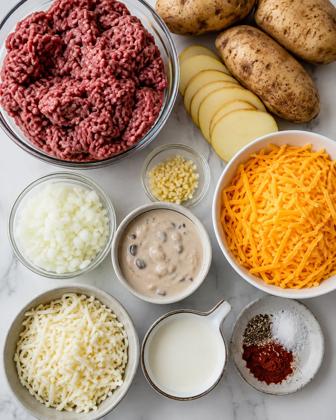 Ingredients for cheesy hamburger potato casserole including ground beef, potatoes, and cheese.