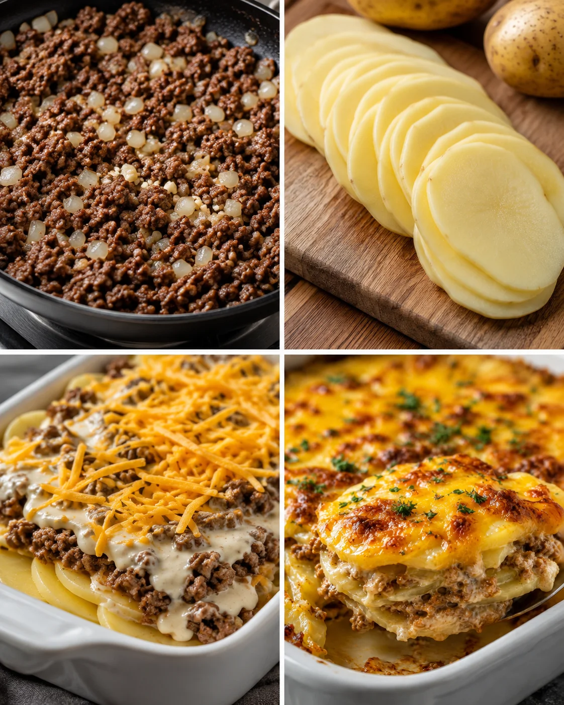 Delicious layered casserole with beef, potatoes, and melted cheese fresh from the oven.