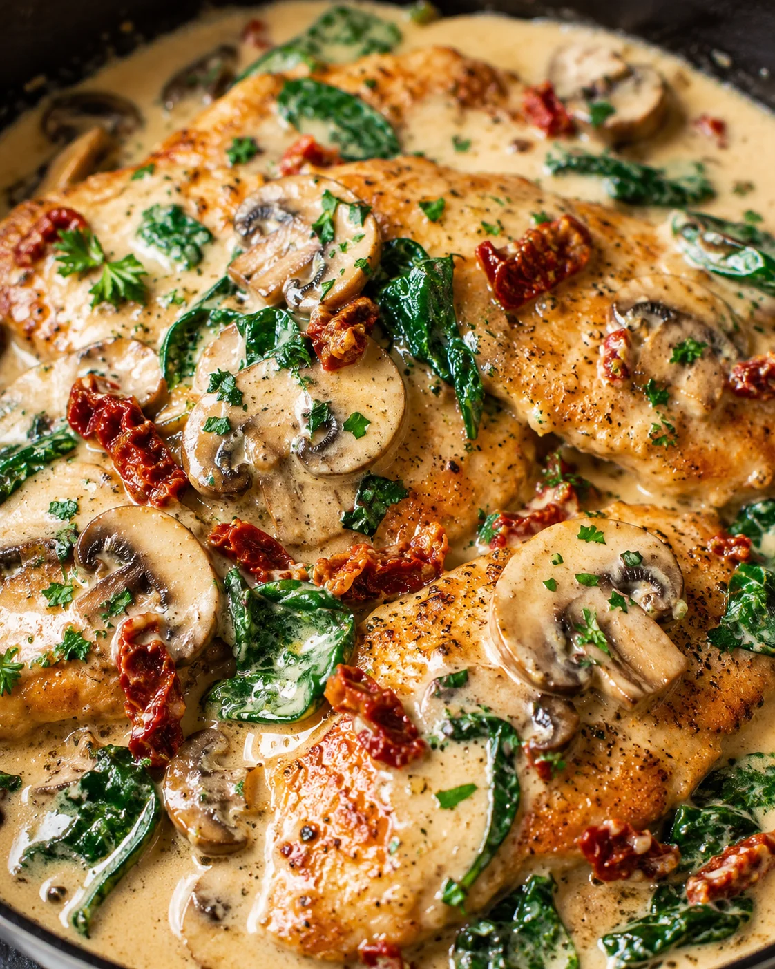 Close-up of cooked Tuscan chicken with mushrooms, sun-dried tomatoes, and spinach in sauce