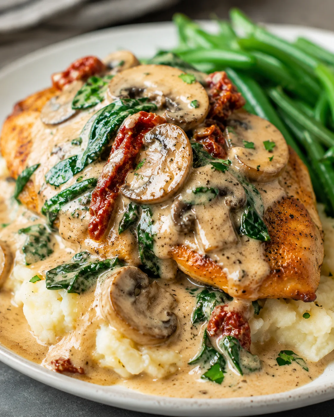 Delicious creamy Tuscan chicken served over mashed potatoes with mushrooms and spinach