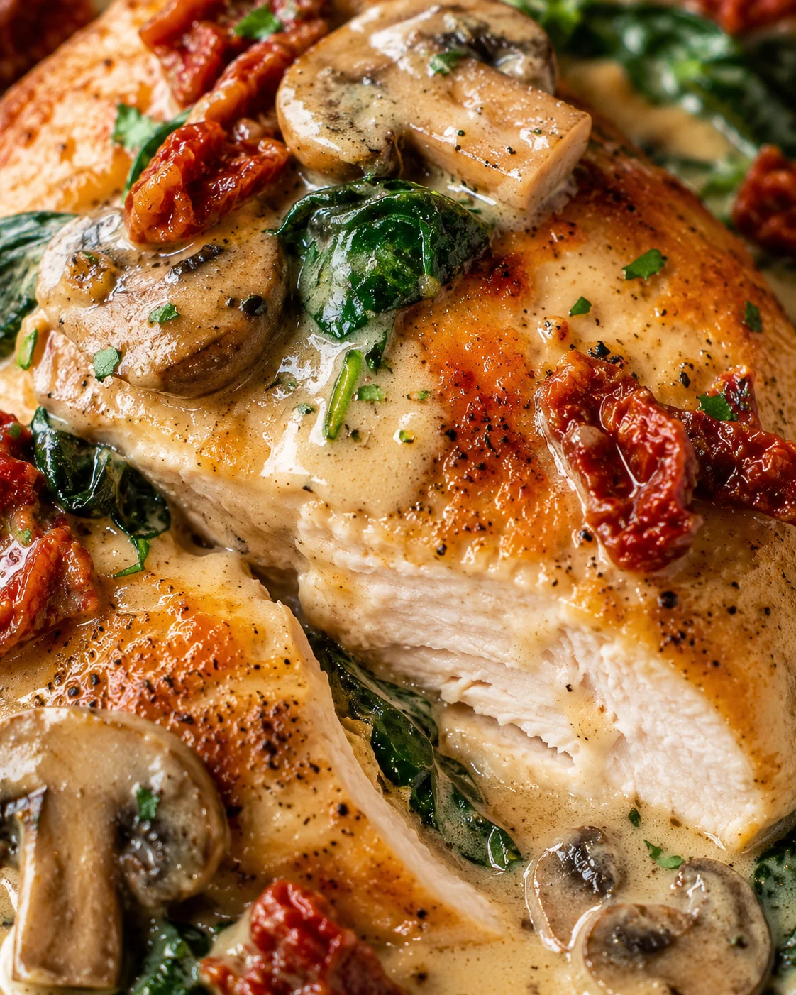 A close-up of tender chicken breasts topped with creamy Parmesan sauce, sun-dried tomatoes, and mushrooms.