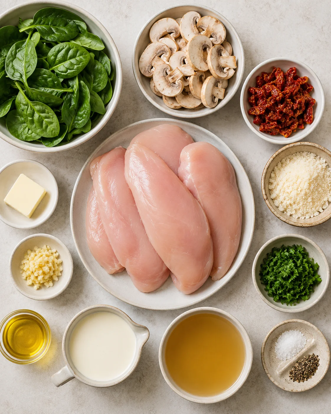 Raw chicken breasts with mushrooms, sun-dried tomatoes, spinach, and seasonings laid out.