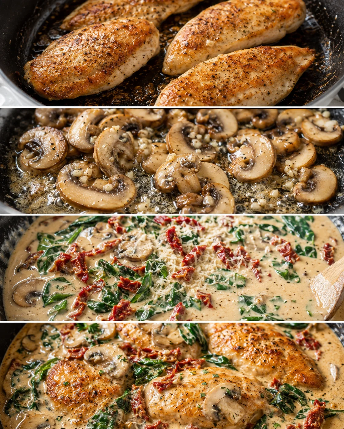 Golden brown chicken breasts cooked with mushrooms, sun-dried tomatoes, and spinach in creamy sauce