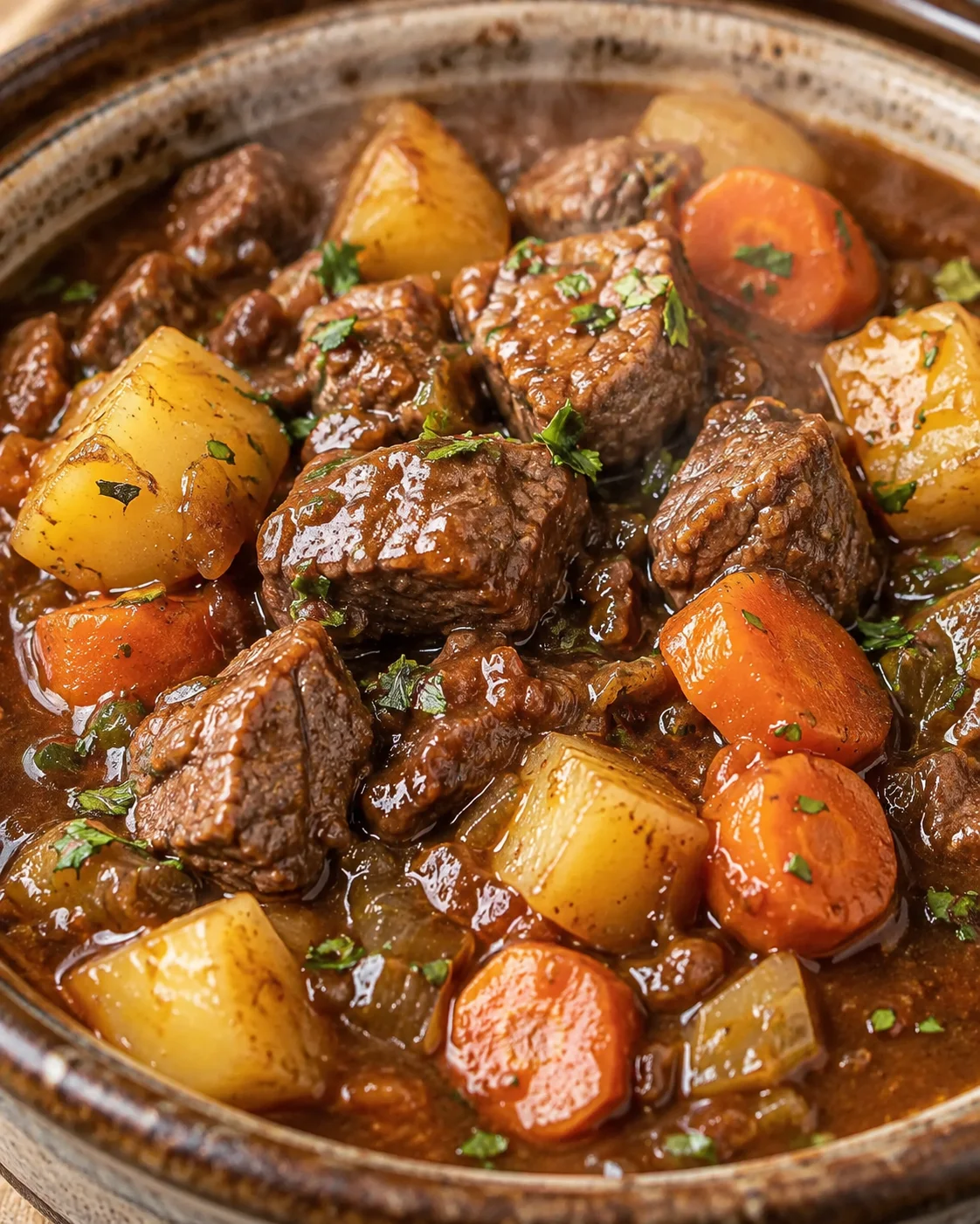 Hearty slow cooker beef stew with tender beef, potatoes, carrots, and savory broth