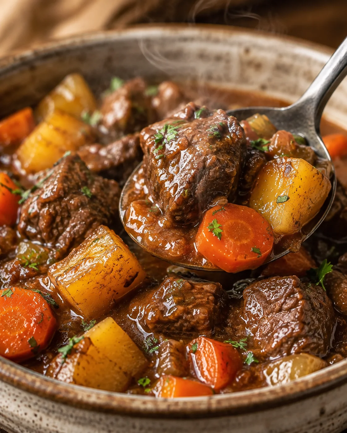Delicious beef stew with vegetables in a rustic bowl, steaming hot and savory.