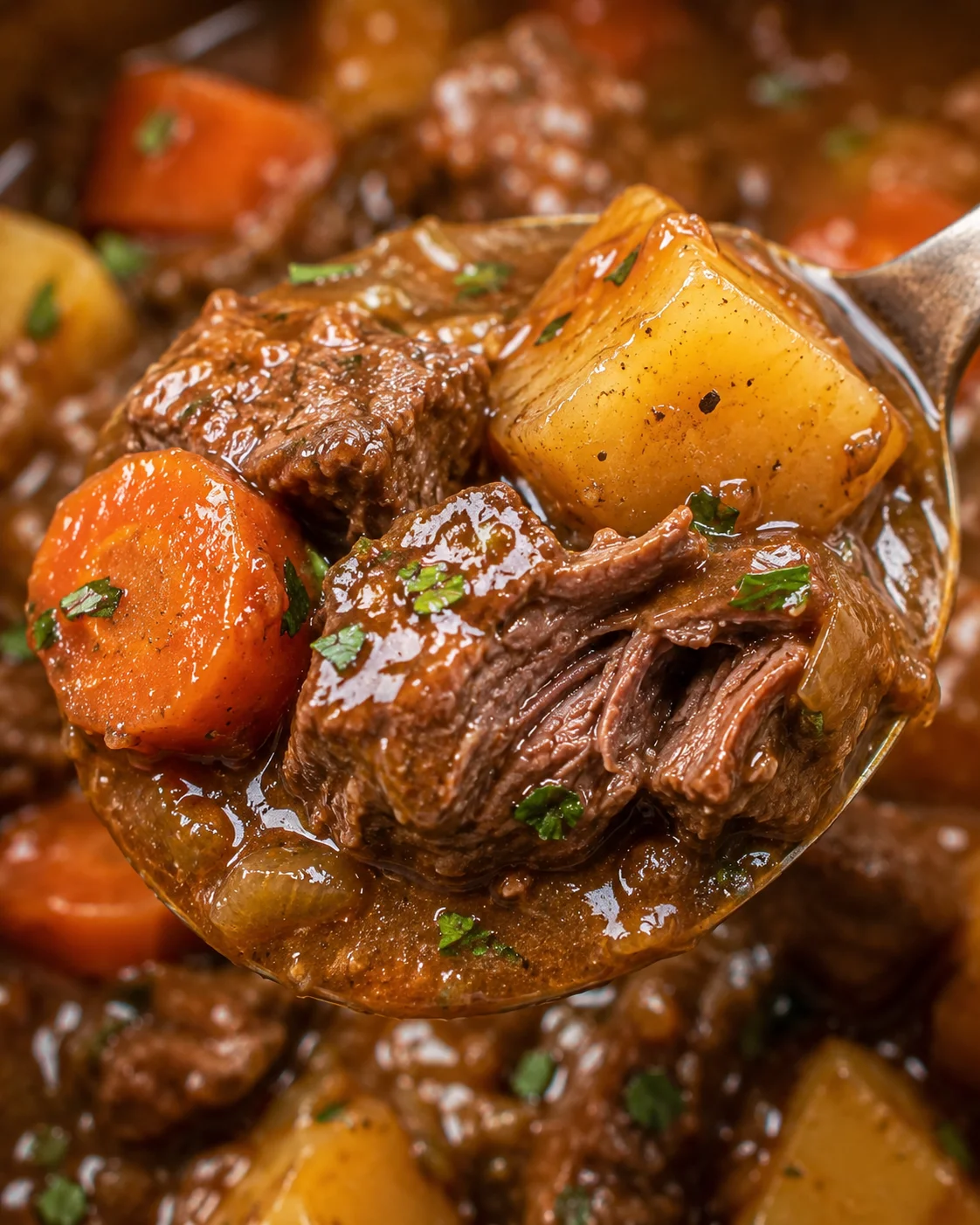 Close-up of tender beef, potatoes, and carrots in rich stew sauce.