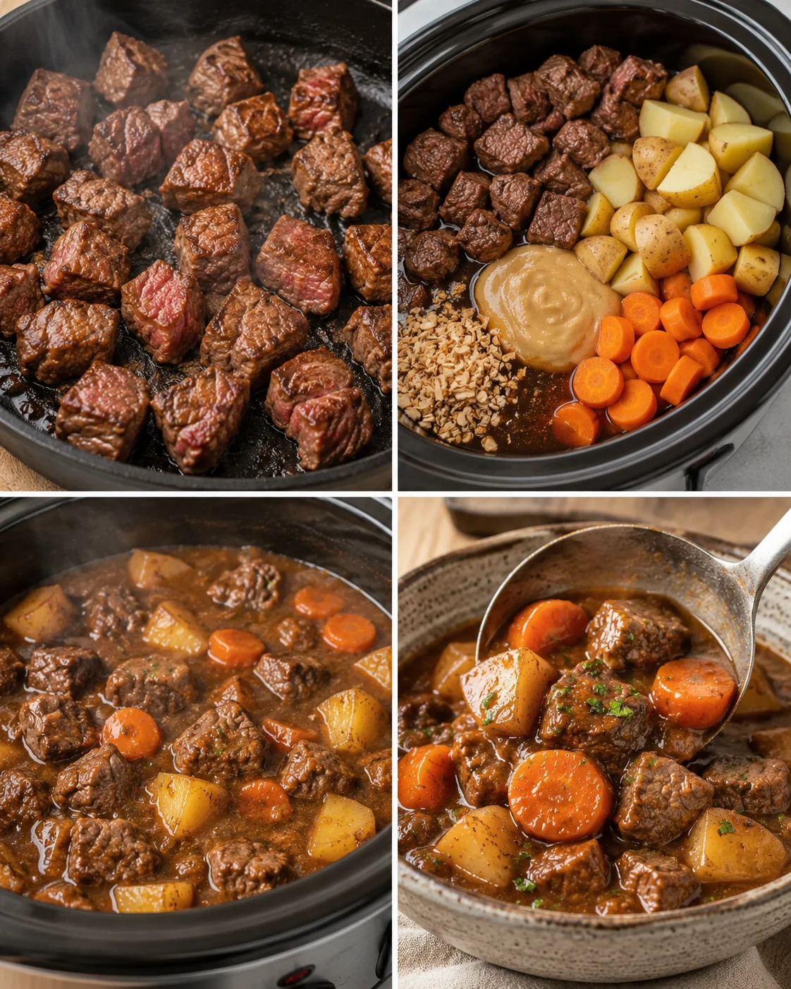 Delicious slow cooker beef stew with tender meat, potatoes, and carrots in a rich broth