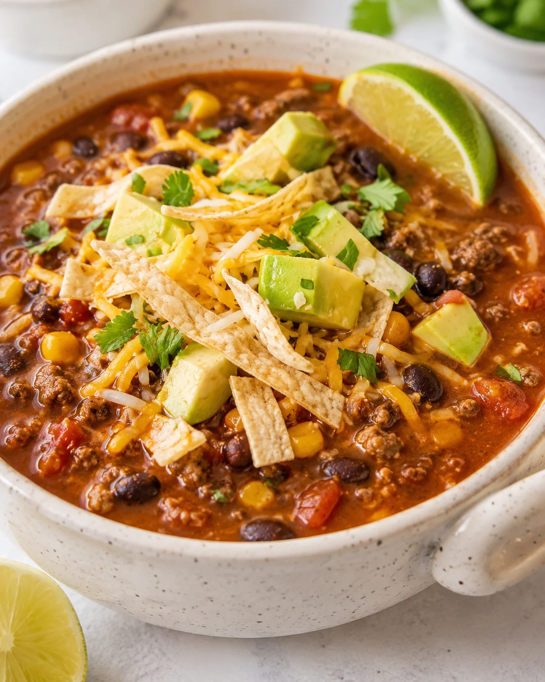 A bowl of flavorful taco soup topped with avocado, cheese, and lime wedges.