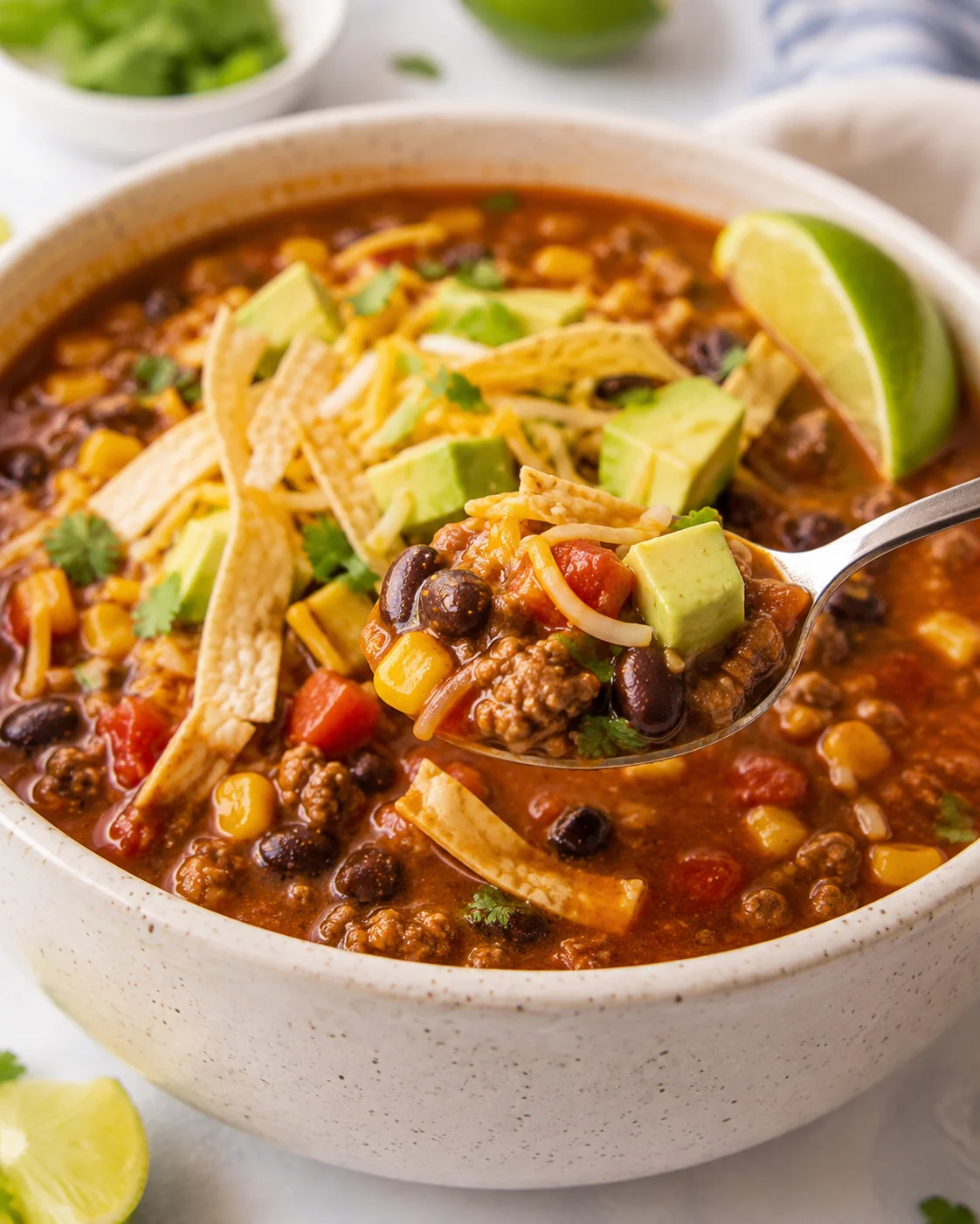 Bowl of flavorful taco soup topped with avocado, lime, and cilantro