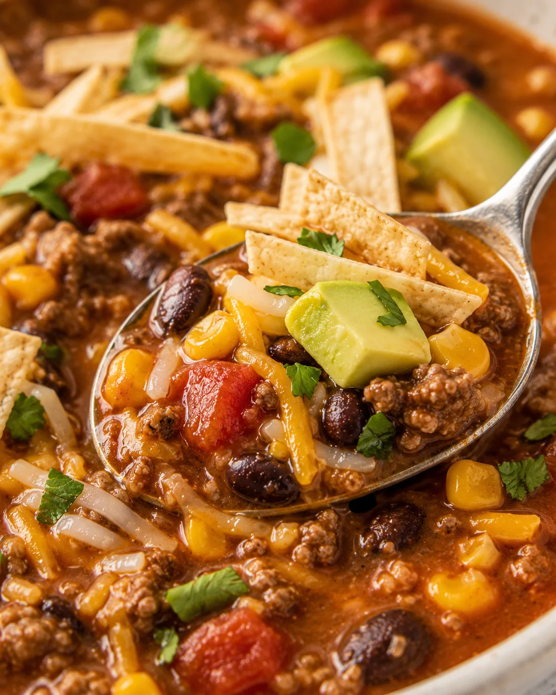 Close-up of hearty taco soup with avocado, cilantro, and tortilla chips on top.