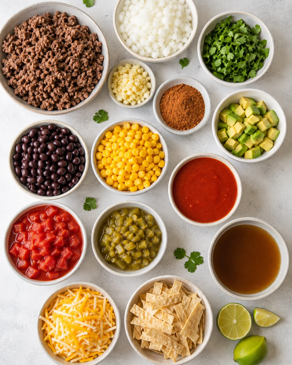 Bowl of cooked ground beef with various canned ingredients and toppings for taco soup