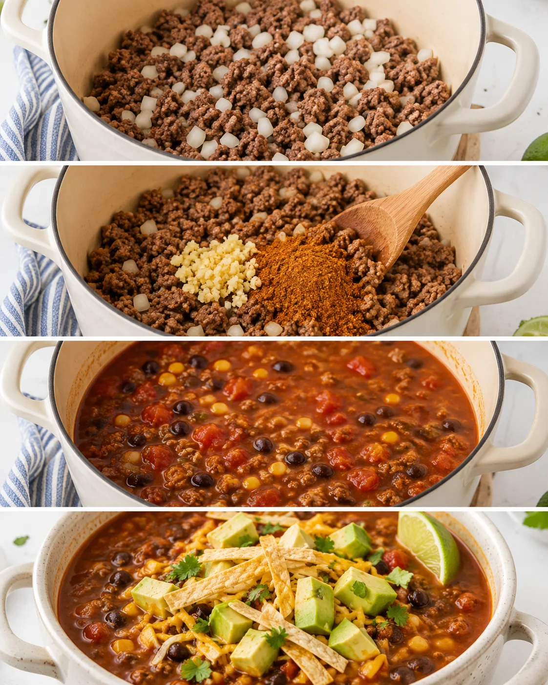 Step-by-step process of making hearty taco soup with ground beef and toppings.