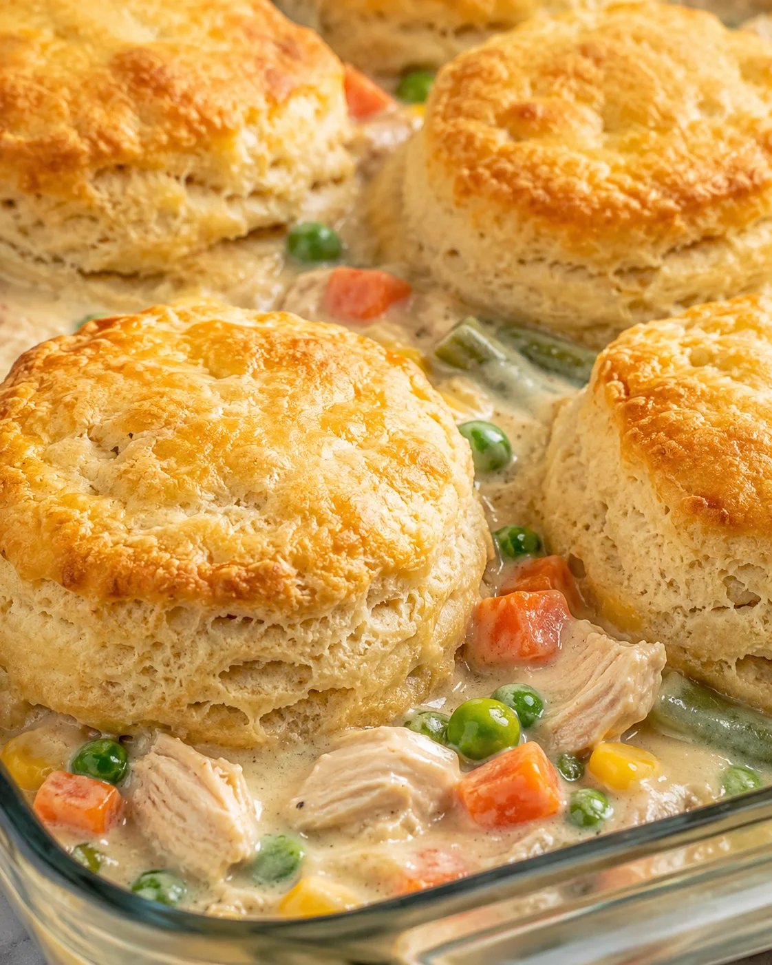 A close-up of creamy chicken pot pie casserole with golden biscuit topping.